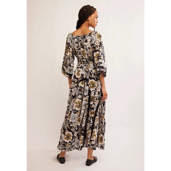 NWT Free People Dixie Floral Maxi Dress Black White Gold S 100% Cotton Boho Fall - Picture 6 of 10